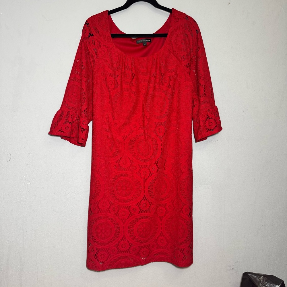 Chris McLaughlin 16W Red Crochet Lace Shift Dress 3/4 Bell Sleeve Lined Plus